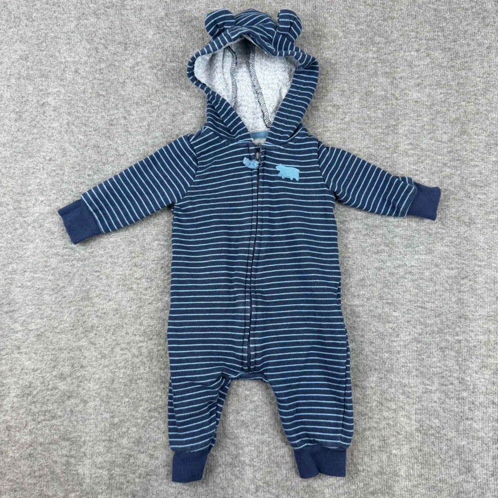 Carter's Hooded Romper Baby 3M Blue Striped Bear‎ Ears Fleece Lined Jumpsuit